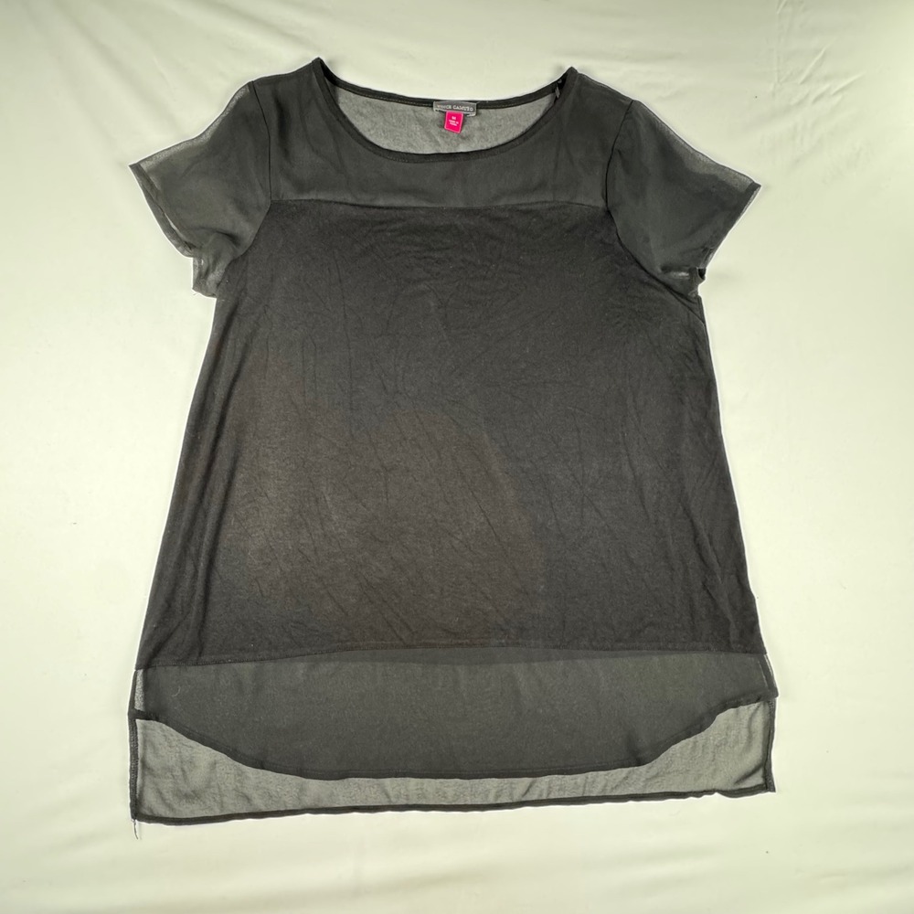 Vince Camuto Womens Black Mixed Media Sheer Panel High Low Blouse Top Medium